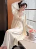 Women's Sleepwear Elegant Lace Patchwork Nightdress Rayon Princess Style Nightgown Robe Set Lady Bride Wedding Lounge Dress Homewear