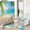 Shower Curtains Ocean Beach Dolphin Landscape Shower Curtain Summer Green Plant Leaf Sea Scenery Home Deco Bath Mat Toilet Cover Bathroom Carpet Y240316