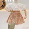 Ensembles de vêtements 2021 Ensembles de vêtements d'été pour filles Denim fleur brodée haut à revers + jupe en fil net 2 pièces costume princesse bébé enfants vêtements pour enfants