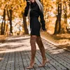 カジュアルドレス女性ファッションハイネックブラックドレスウエストラップラップラングスリーブ秋/冬