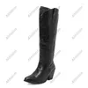 Bottes Ahhlsion Arrivée Femmes Hiver Genou Slip sur Talons Chunky Bout Pointu Jolies Chaussures De Fête Brunes US Plus Taille 4-16