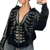 Dames Hoodies Combhasaki Dames Halloween Y2K Vintage Gothic Steentjes Skelet Print Lange mouw Capuchon Tops Met Rits Voor Lente