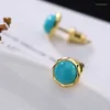 Boucles D'oreilles Clous Vintage Plaqué Or 24 Carats Imitation Turquoise Femme