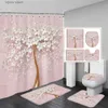 Cortinas de chuveiro floral cortina de chuveiro conjunto flores brancas tronco de árvore de ouro criativo ombre arte decoração do banheiro não deslizamento tapete de banho tampa do banheiro y240316