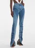 Женские джинсы, дизайн в стиле пэчворк, женские брюки, осенняя мода, приталенный крой, деконструированный пэчворк, высокая талия, разрез, синий, длинный
