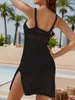 Женское сексуальное открытое платье без рукавов с круглым вырезом, однотонное, облегающее, с разрезом, короткое сетчатое платье, летний купальник, пляжная одежда