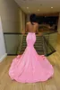 New Arabic Dubai Pink Mermaid Prom Dresses Sexy Sheer Jewel Neck Mermaid Sequins Beads Long Evening Gowns Vestidos de bal for Black Girls BC18393