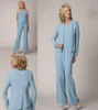 New Arrival Light Blue Mother Of the Bride Pant Suits 3 Piece Chiffon with Bead Wedding Guest Pant Suit Plus Size Evening Dresses4710076