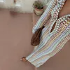 Sexy maxi-jurk voor dames Uitgesneden vrouwelijke lange strandjurken met lange mouwen Gestreept Zomermode Revers Diepe V-hals Jurk Bikini Beach Cover Up See Through Split