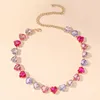 Gargantilla de lujo con diamantes de imitación rosas para mujer, collar de corazón de melocotón, cadena clavicular corta de cristal brillante a la moda coreana