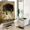 Shower Curtains Rural Green Plants Flower Scenery Shower Curtain Arched Garden Greek Street View Bathroom Decor Carpet Toilet Cover Foot Mat Set Y240316