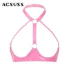 Bras Women Wet Look Bra Tops Patent Leather Halter Lingerie Open Cups Wire-free Unlined Brassiere Shiny Latex Bralette Clubwear