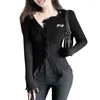 Women's T Shirts Women Frayed Trim Ribbed Knit Sweater Top Y2K Long Sleeve Cropped Cardigan