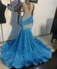 Blue V Neck Long Mermaid Prom Dress For Black Girls 2024 Beaded Crystal Evening Birthday Party Gown Sparkly Sequined Robe De Soiree Custom Made