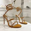 Designer utsmyckade Rene Caovilla Cleo Rhinestone klackar Sandaler Ankel Wraparound Women High Heeled Sandal Flower Evening Shoes