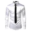 Silver Silk ShirtTie Set Mens Satin Smooth Tuxedo Shirts Casual Button Down Men Dress Wedding Party Prom Chemise Homme 240304