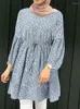 Etniska kläder 2024 Zanzea Kvinnor Blusar Fashion Floral Print Blue Elegant Long Sleeve Muslin Shirt Tunic Casual Islamisk spets upp