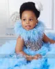 Girl Dresses Luxury Sky Blue Flower Girls Dress Tired Ruffle Crystal Beading Rhinestones Feathers Ball Gowns African Child Birthday Party