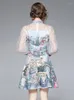 Sukienki swobodne 2024 Vintage Flower Sukiena dla kobiet cekinowa mesh patchwork Lattern Sleeve Cartoon Jacquard Party Eleganckie krótkie vestidos