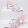 Slippers Sexy Pointed Toe Thin High Heels Pumps Green Mesh Summer Fashion Slip On Slides Women Mules Party Shoes Sandals