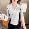 Women's Polos White T Shirts Long Sleeve Polo Neck Clothes Shirt Crop V Korean Style Offer Synthetic Cute Top Cotton