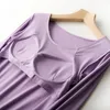 Vêtements de nuit pour femmes Tops de sommeil à manches longues Coussin de poitrine Modal Femmes Soutien-gorge Coupe One-Pièce Pyjamas Sous-vêtements Chemise de fond Pyjama Femme 2024