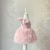 Girl's Dresses New Summer Kids Party Dress With Mesh Buffy Banquet Wedding Flower Girl Asymmetrical Princess Dresses Without Shoulders H113 240315