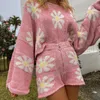 Autumn Womens Two Pieces Sticked Set Casual Floral Shorts Outfit Long Sleeve Pullover Sweaters Topszip Up Chic 240314