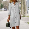 Casual Dresses Women Dress Randig kontrastfärg Enkelt breasted lapel krage Lossa tre kvartärmar knälängd midi