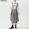 Overalls 2023 Men Irregular Skirts Jumpsuits Plaid Pleated Hollow Out Personality Male Rompers Streetwear Fashion Casual Skirts INCERUN