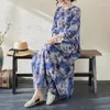 Casual Dresses Spring Summer Long Sleeve Print Floral Cotton Linen Women Fashion Loose Dress Robe Elegant Ladies Clothing