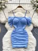 Party Dresses Foamlina Sexy Spaghetti Strap Mesh Bodycon Dress Women Summer Cold Shoulder Short Sleeve Chest Padded Slim Club Mini