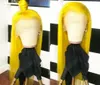 Seksi Sarı Renk Uzun Düz Sentetik El Bağlı Dantel Ön Peruk Glueless Isıl Dayanıklı Elyaf Saç Doğal saç çizgisi WHI9251690