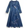 Robes de soirée TIYIHAILEY A-ligne Femmes Longue Mi-mollet À Manches Longues Denim Printemps M-2XL Style Chinois Broderie Cheongsam