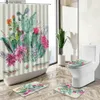 Cortinas de chuveiro Tropical Cactus Suculenta Impressão Verão Banheiro Cortina de Chuveiro Conjunto Verde Planta Flor Pena Antiderrapante Pedestal Rug Toilet Cover Y240316