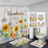 Shower Curtains Rustic Floral Shower Curtain Set Yellow Sunflower Blue Butterfly Flowers Bathroom Decorative Floor Rug Bath Mat Toilet Lid Cover Y240316