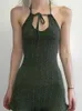 Basic Casual Dresses Goth Dark Knitted Fairy Grunge Green Folds Mini Dresses Gothic Retro Backless A-Line Women Dress Sexy Halter Lettuce Hem OutfitsC24315