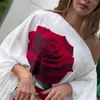Kvinnors tvåbitar byxor 2 st/set Women Top Set 3D Rose Print One Shoulder Slant Neck Long Bat Hylsa Hög midja bred ben Pendlingsstil