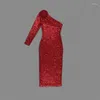 Freizeitkleider Weihnachten Damen Rot DreidimensionalBlume One-Shoulder-Paillettenkleid Langer RockMode SlimStretch Kleid Herbst und Winter