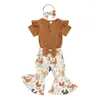 Kläder sätter fokusnorm 0-18m sommar baby flickor kläder 3 st kort ärmknapp front solid romper kycklingtryck flare byxor pannband