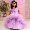 Robes de fille violet clair enfants anniversaire fleur gonflée plissée col en V à plusieurs niveaux Tulle robes de bal pour les petites filles