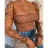 Women's T Shirts HEZIOWYUN Square Neck Lace See-through Polka Dot Puff Long Sleeve Cropped Tops Female T-Shirts Evening Party Clubwear