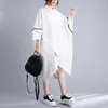 Basic Casual Dresses #33 White Women Asymmetrical Shirt Dress Batwing Sle Loose Front Buttons Midi Dress Big Pockets Turn-down Collar Summer2023C24315