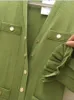Vestidos casuais sandro vestido verde plissado borda único breasted decote em v comprimento médio saia de malha