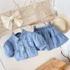 Kleidungssets Sommer Mädchen Kleidung Sets Mode Revers Tasche Denim Puff Sleeve Top + Rock 2 Stücke Baby Kinder Kleidung Anzug Kinder Kleidung