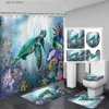 Shower Curtains Ocean Animal Shower Curtain Set Sea Turtle Octopus Seahorse Fish Seaweed Scenery Bathroom Decor Non-Slip Rug Bath Mat Toilet Lid Y240316