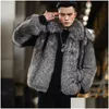 Mens Leather Faux High Quality Furry Fur Coats And Jackets Sier Gray Fluffy Top Coat Turn Down Collar Thick Warm Winter Jacket Man Dro Dh7Ot