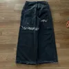 JNCO Jeans Y2K Hommes Hip Hop Rétro Graphique Brodé Baggy Jeans Pantalon Noir Harajuku Gothique Taille Haute Pantalon Large 240311