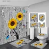 シャワーカーテン素朴な花柄のシャワーカーテンセット黄色のヒマワリの青い蝶の花バスルーム装飾的な床敷物マットトイレカバーY240316