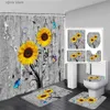 Shower Curtains Rustic Floral Shower Curtain Set Yellow Sunflower Blue Butterfly Flowers Bathroom Decorative Floor Rug Bath Mat Toilet Lid Cover Y240316